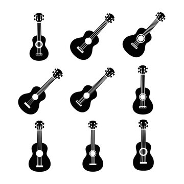 Seamless pattern of black ukulele silhouettes on white background. Vector illustration of musical instruments.