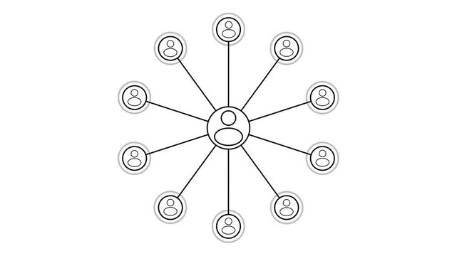 Centralized network hub diagram with connected user minimalist business communication and team structure concept animation