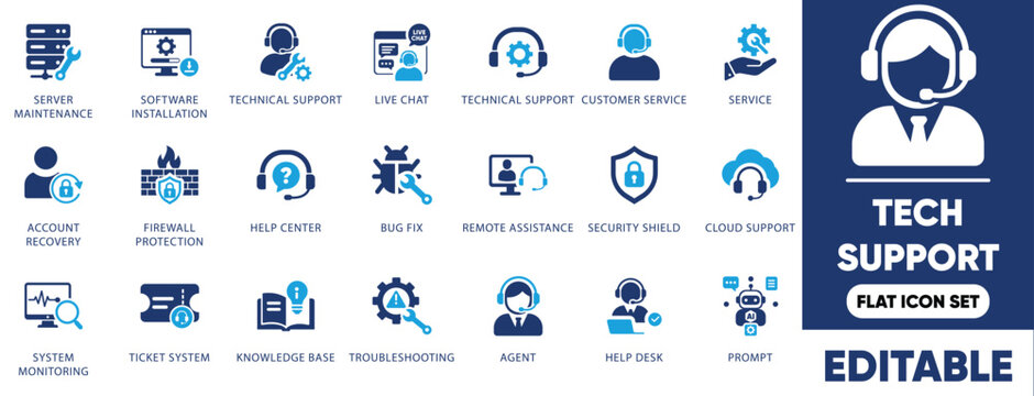 IT tech support and customer service vector icon set featuring helpdesk, server maintenance, and troubleshooting icons.
