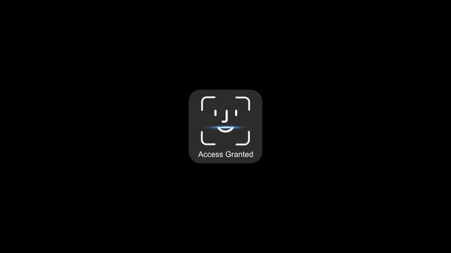 Facial recognition access granted animation, biometric security authentication interface, digital identity verification