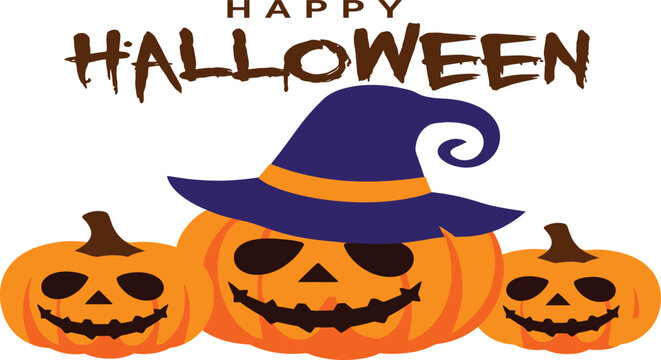 Spooky Happy Halloween Vector Illustration Featuring Three Carved Jack-o'-Lantern Pumpkins and a Classic Purple Witch Hat, Perfect for Festive Holiday Greetings and Party Decorations