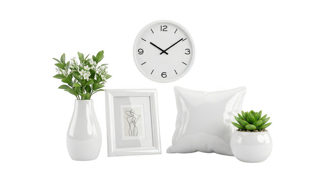 Clean white home decor objects including a vase with flowers a picture frame a clock and a potted plant isolated on transparent background