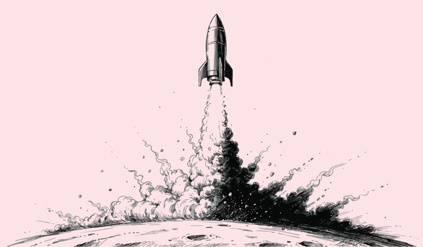 Retro rocket ship launching from planet surface with explosive smoke and debris against a soft pink sky conceptualizing space travel and exploration