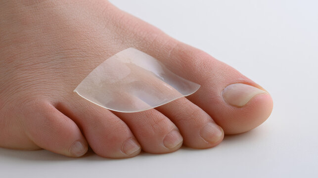 Clear blister bandage on toe, skin protection for foot pain and friction relief, minimalist studio close up on white background
