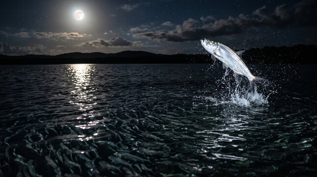 Fish jumping out of the water at night under a full moon