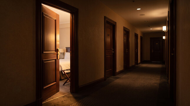 Open door revealing a lit hotel room in a dark hallway of closed doors