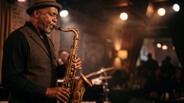 Senior jazz musician playing saxophone on stage in a dimly lit club