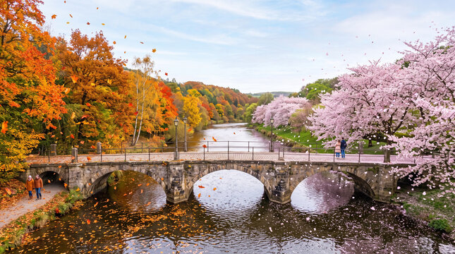 Stone bridge over a river separating autumn foliage and spring cherry blossoms