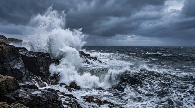 waves crashing rocks stormy ocean sea