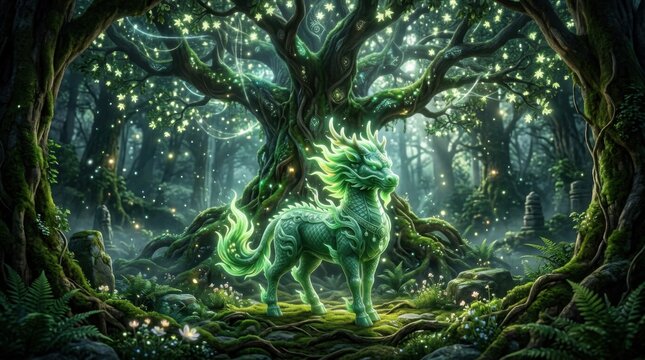 Glowing Jade Qilin in Enchanted Misty Forest