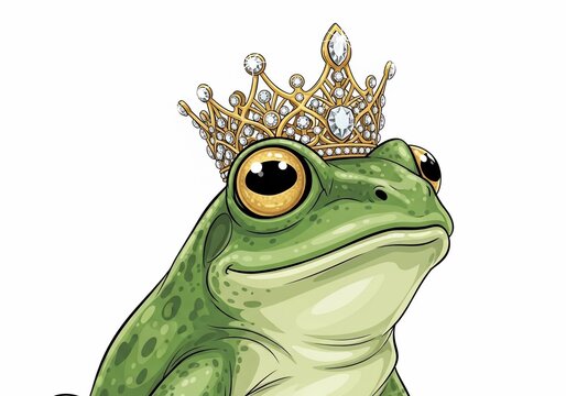 Regal Amphibian: Whimsical illustration of a crowned frog, sparkling jewels, emerald green skin.