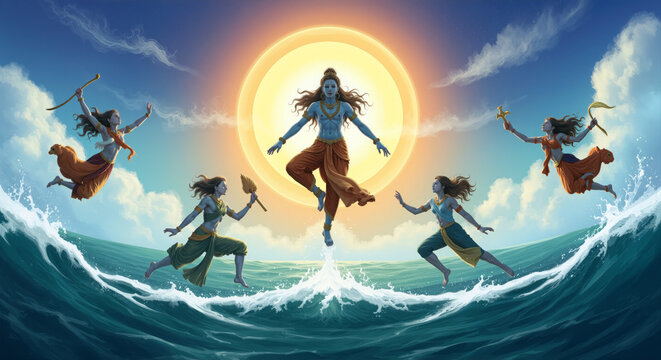 A divine being levitating over a stormy sea, surrounded by celestial figures dancing in front of a radiant sun.