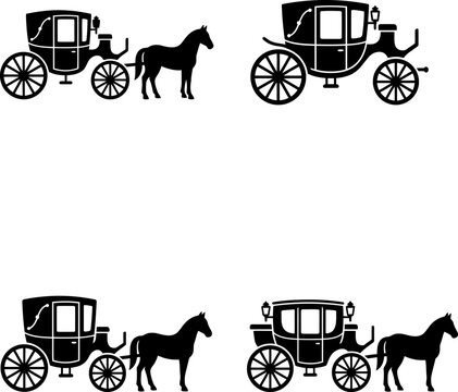Set of black silhouettes of vintage horse drawn carriages and coaches.