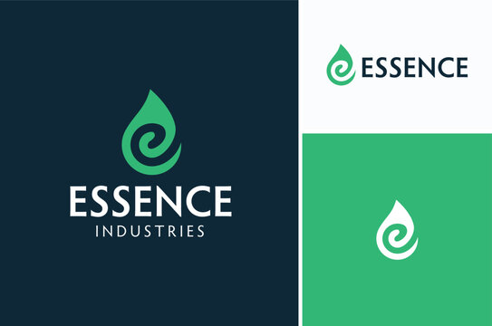 Initial Letter E with Leaf in Water Drop or Droplet Shape for Extract Essence Natural Nutrition Logo