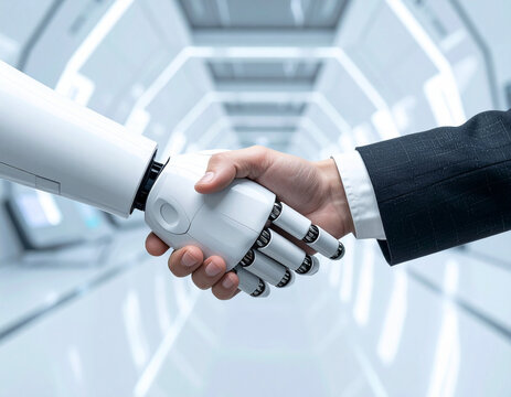 AIロボットとビジネスマンが握手する未来のビジネスイメージ　近未来の白いオフィス