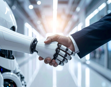 AIロボットとビジネスマンが握手する未来のビジネスイメージ　近未来の白いオフィス