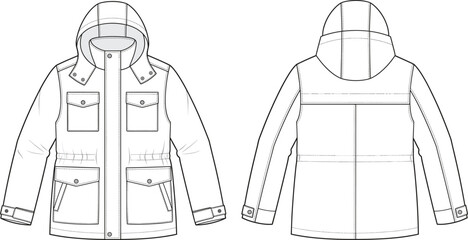 Fashion flat sketch technical drawing template of a hooded parka jacket with multiple cargo pockets and drawstring waist © bipul stok