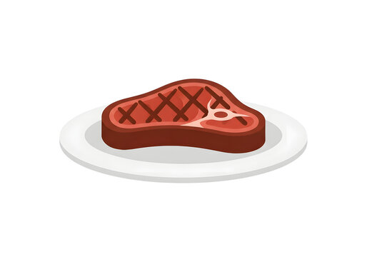 Grilled Beef Steak on White Plate Vector Illustration