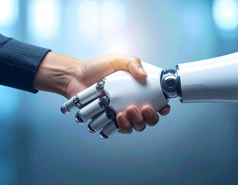 AIロボットとビジネスマンが握手する未来のビジネスイメージ　青背景