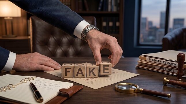 Business professional identifying fake documents and evidence verification at office desk.