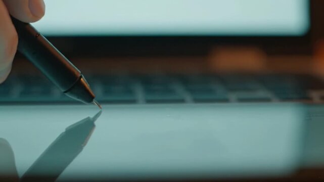 A close-up view of a hand holding a sleek pen, poised above a bright touchscreen, capturing the essence of digital creativity and modern technology interaction.
