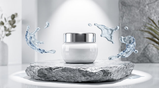 Blank white cosmetic jar featuring silver lid sitting atop rough grey stone pedestal surrounded by floating water splashes near subtle plants