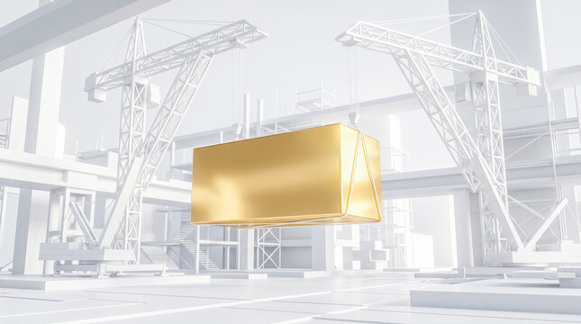 Heavy solid gold bar being lifted by twin white construction cranes inside abstract monochrome industrial building site setting demonstrating financial engineering