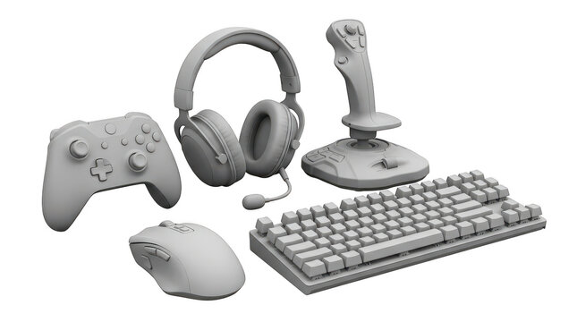 Gaming peripherals including controller headset joystick keyboard and mouse during studio lighting isolated on transparent background