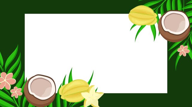 Vibrant tropical frame illustration with exotic fruits and lush green foliage, perfect for summer event invitations, vacation banners, or refreshing advertisement backgrounds
