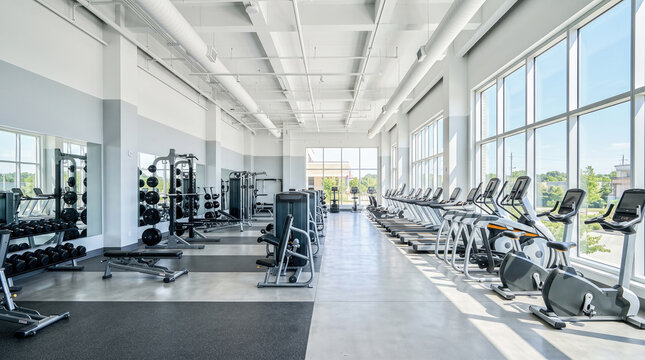 Empty commercial fitness center featuring rows of stationary bicycles treadmills and black weight training machines aligned across grey rubber floor beside large windows