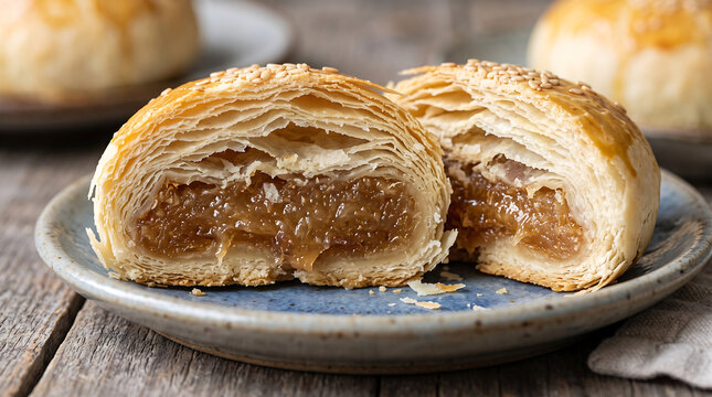 Traditional Cantonese Wife Cake Cut in Half Showing Flaky Puff Pastry Layers and Sweet Candied Winter Melon Filling Toped with Sesame Seeds