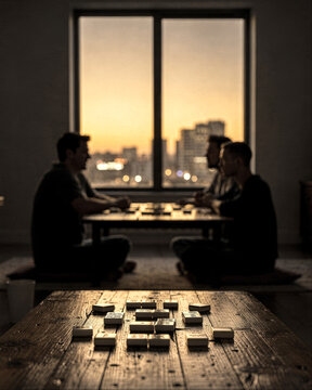 Friends Playing Tile Game at Sunset with City Skyline View