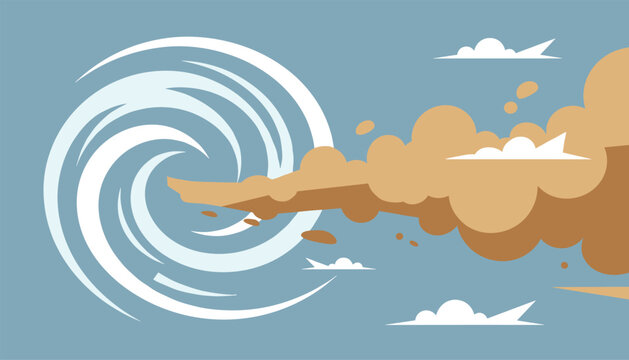 Abstract vector representation of a swirling hurricane or tornado with large clouds of dust on a blue background.
