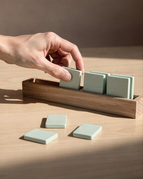 Hand Placing Mint Tile in Wooden Rack on Table