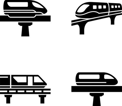 Set of four monorail train icons in black glyph style.