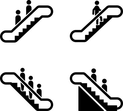 Set of minimalist escalator and moving walkway pictogram icons.