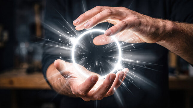 Male hands producing circular glowing white magic energy ring emitting bright sparks across dark workshop background during nighttime fantasy spellcasting action sequence