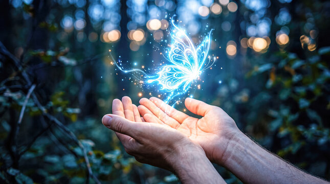 Two open human hands releasing bright glowing blue magical light butterfly upwards into dark blurred forest woods during quiet peaceful evening dusk hours