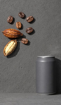 Roasted Coffee Beans and Cacao Pod with Blank Beverage Can