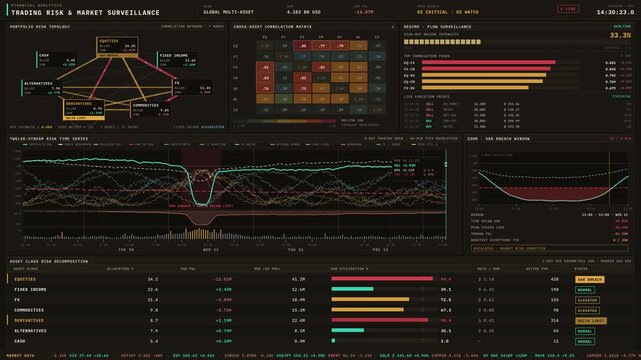Visual representation of financial analytics showcasing trading risk and market surveillance with a detailed portfolio risk topology and time-series chart for asset classes.
