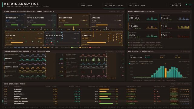 Night-mode retail analytics dashboard showcasing store operations and inventory intelligence with heat maps, time-series charts, and detailed department performance metrics.