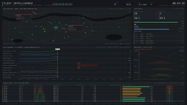 Explore a detailed fleet intelligence dashboard featuring commercial vehicle telematics, with live map panels and time-series charts for real-time fleet management and alerts.