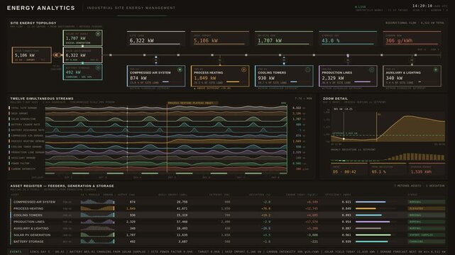 Industrial energy management analytics dashboard showcasing site topology, real-time demand data, and solar-battery interaction for sustainability-focused enterprises in heavy industry.