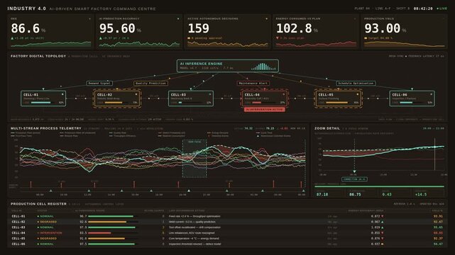 An advanced AI-driven smart factory command center visualizes real-time KPIs, production data, and autonomous decision-making in a sleek digital interface for enterprise software marketing.