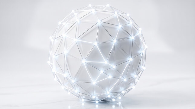 Glowing bright wireframe network nodes covering solid white sphere resting upon reflective surface illustrating digital connectivity internet communication global web structure