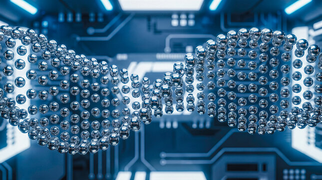 Shiny metallic silver ball dna double helix structure floating before blue glowing computer circuit board representing modern bioinformatics genetic engineering medical tech