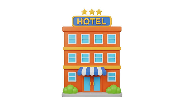3D hotel building icon with stars. Isolated motel architecture for travel and tourism design.
