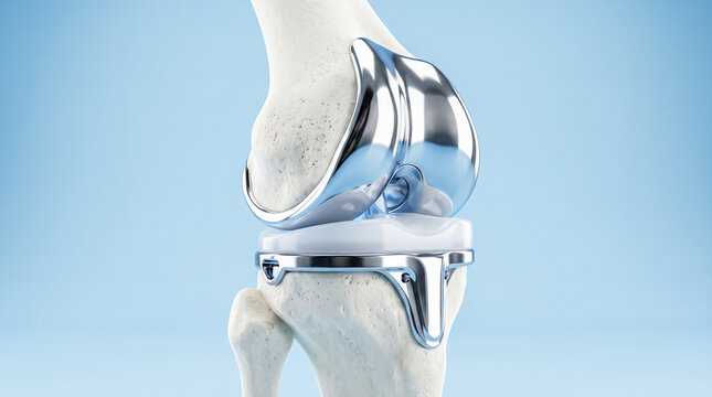 Titanium orthopedic knee joint replacement implant connected to skeleton leg bones resting on transparent glass display stand depicting advanced medical surgery