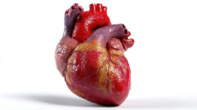 Human Heart Anatomy: A detailed, realistic depiction of a human heart, showcasing its intricate chambers, valves, and major blood vessels in vivid detail.