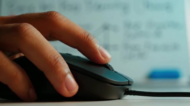 Close-up of a hand operating a computer mouse, showcasing the intricacies of digital interaction in a focused work environment with blurred text in the background.